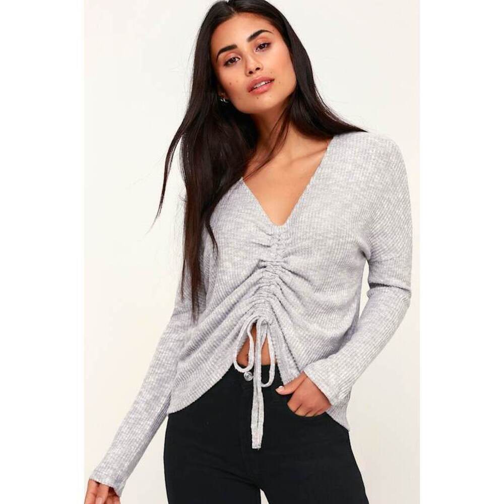 Lulus Briony Heather Grey Ruched Long Sleeve Sweater Top - Size S
